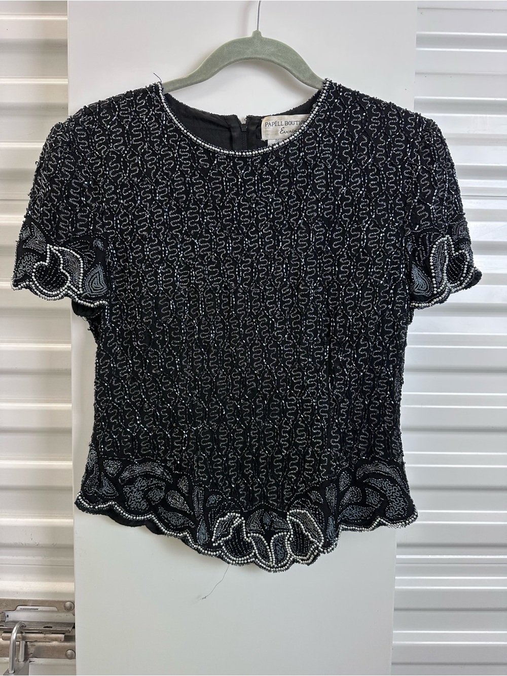 Papell Boutique Black Beaded Short Sleeve Embellished Top